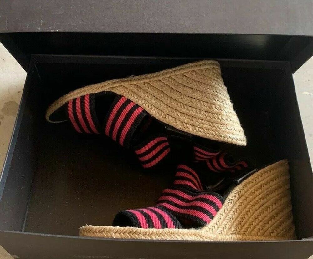 Tahari Strap Wedge Sandal Pink & Black Stripped Women's Shoes 7.5